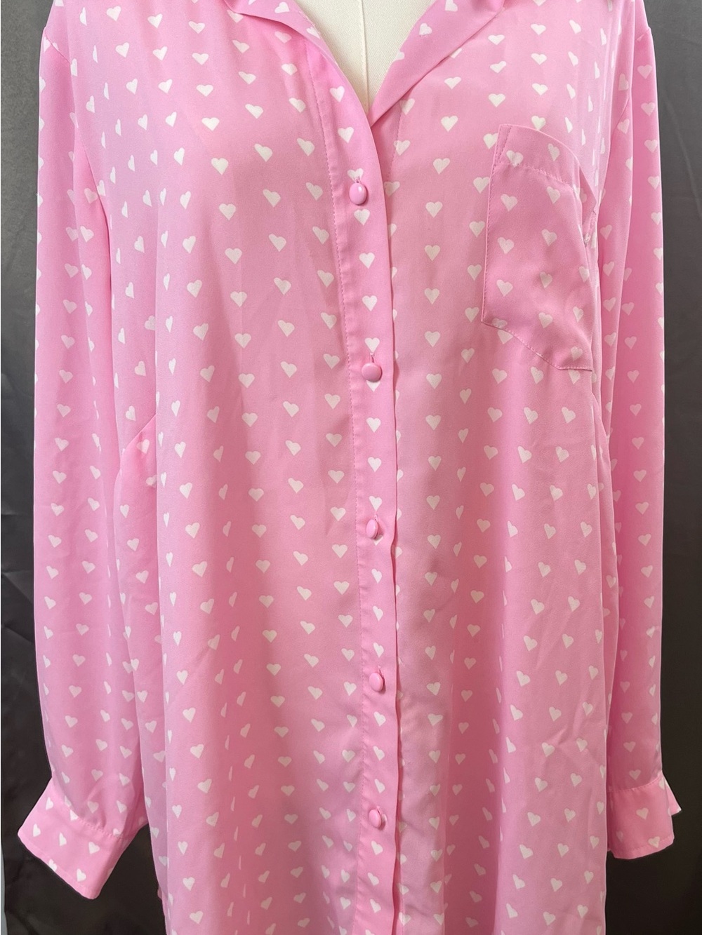 Joan Rivers Pink Heart Print Button Up Blouse Long Sleeve 1X A273909